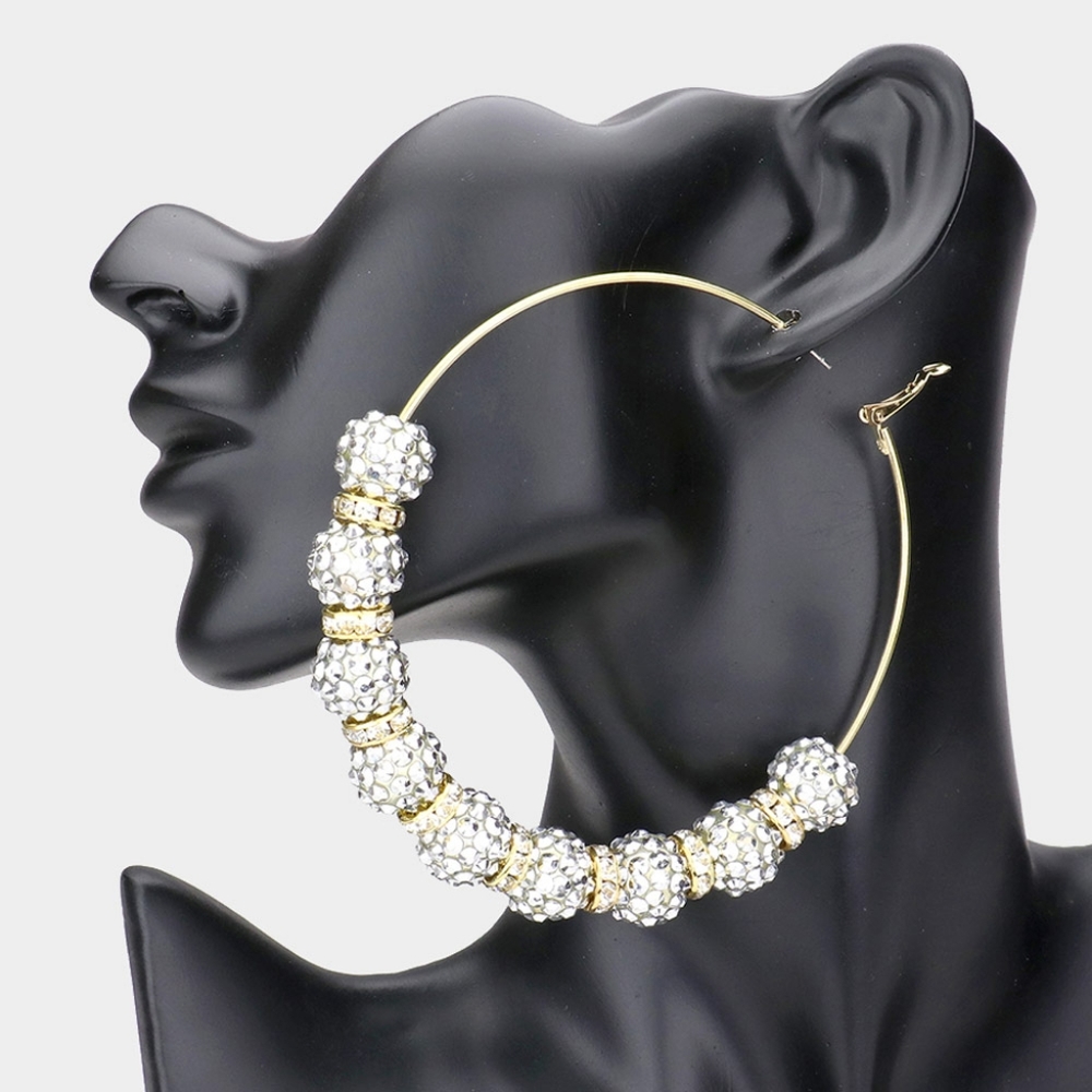 Two Tone Shamballa 3.8" Disco Beads Hoop Earrings Cute Fashion Statement Jewelry